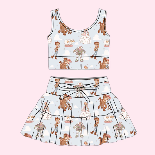 Preorder (moq 5)Baby Girls Cartoon Men Donkey Vest Top Skirt Shorts Clothes Set