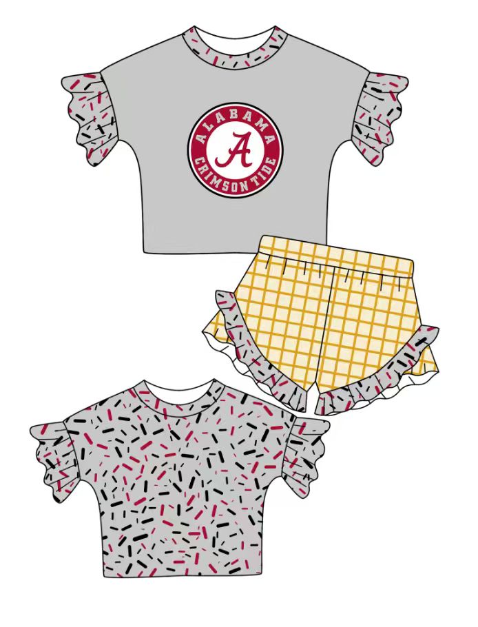 Preorder (moq 5)Baby Girls Grey Sprinkles A Top Checked Ruffle Shorts Team Clothes Set