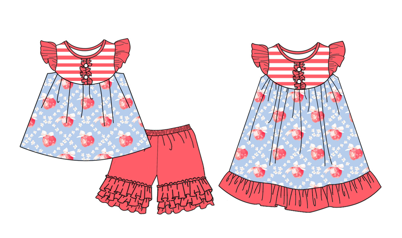 Preorder moq 5 Custom Baby Girls Red Apples Strawberry Tunic Ruffle Short Set Knee Length Dresses