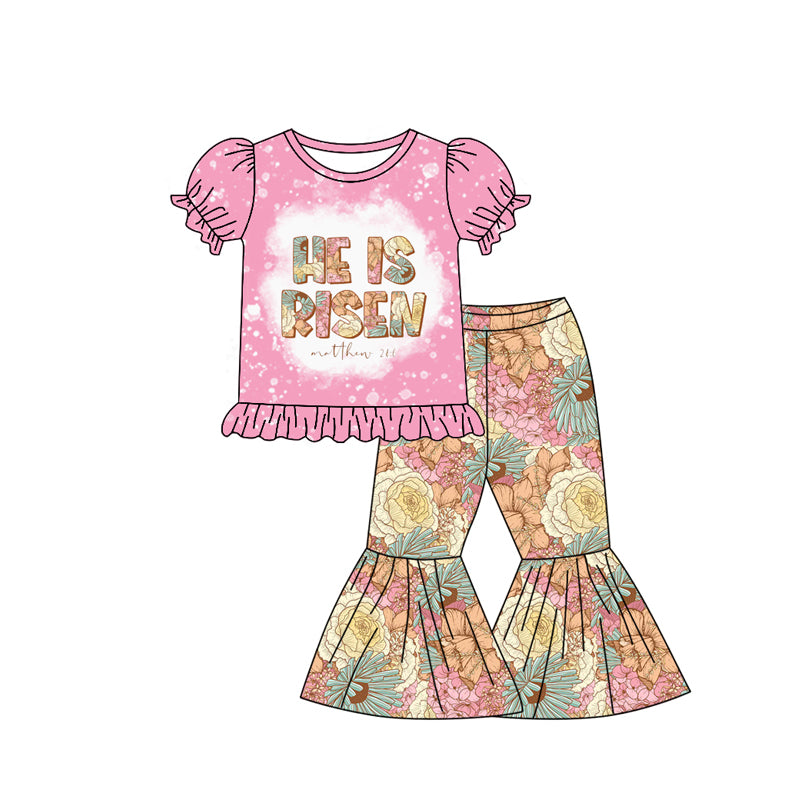 Preorder (moq 5)Baby Girls He is risen Top flowers Bell Pants Clothes Sets