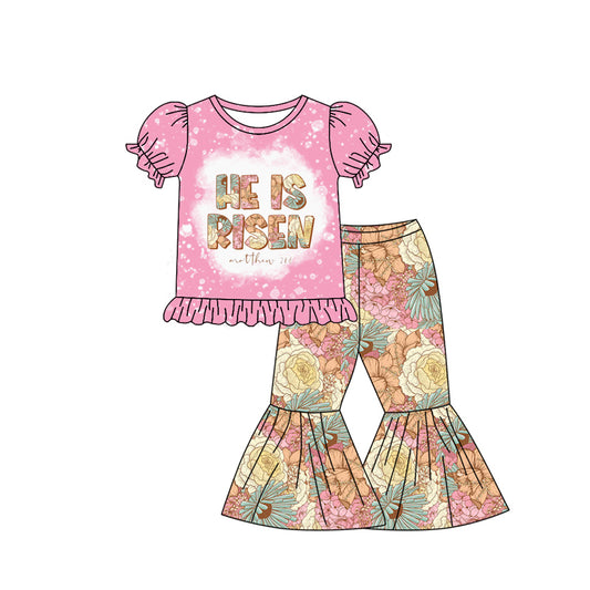 Preorder (moq 5)Baby Girls He is risen Top flowers Bell Pants Clothes Sets