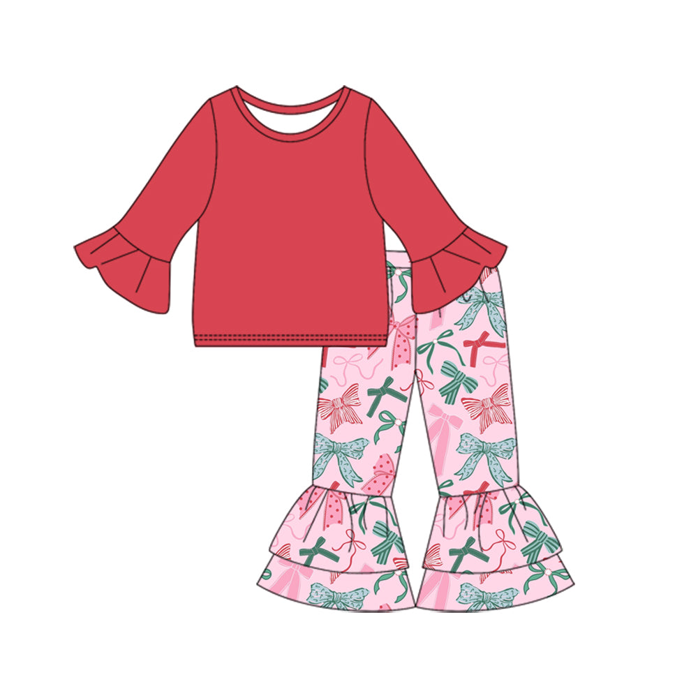 Preorder (moq 5)Baby Girls Red Long Sleeve Top Bows Ruffle Pants Sets