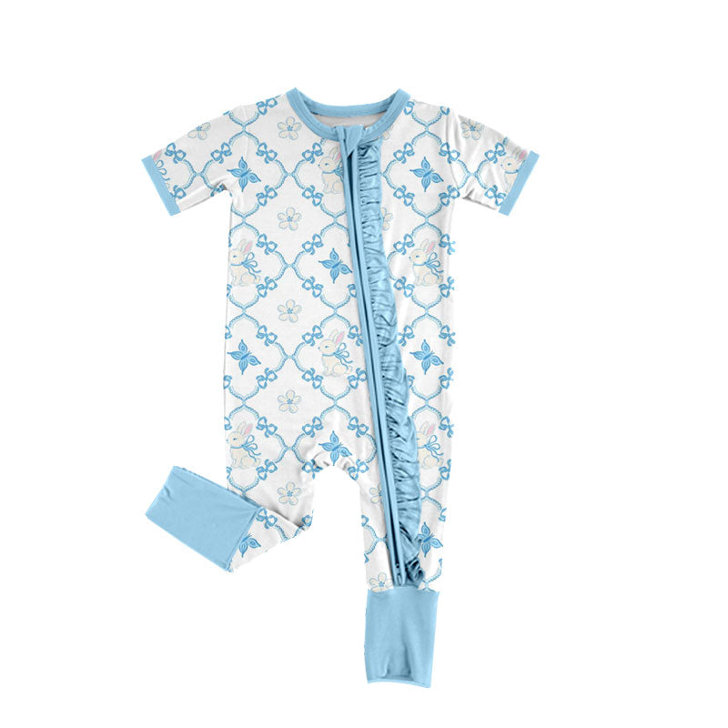 Preorder (moq 5) Baby Girl Clothes Blue Floral Lattice Bunny Allover Print Short Sleeve Ruffle Zip Romper