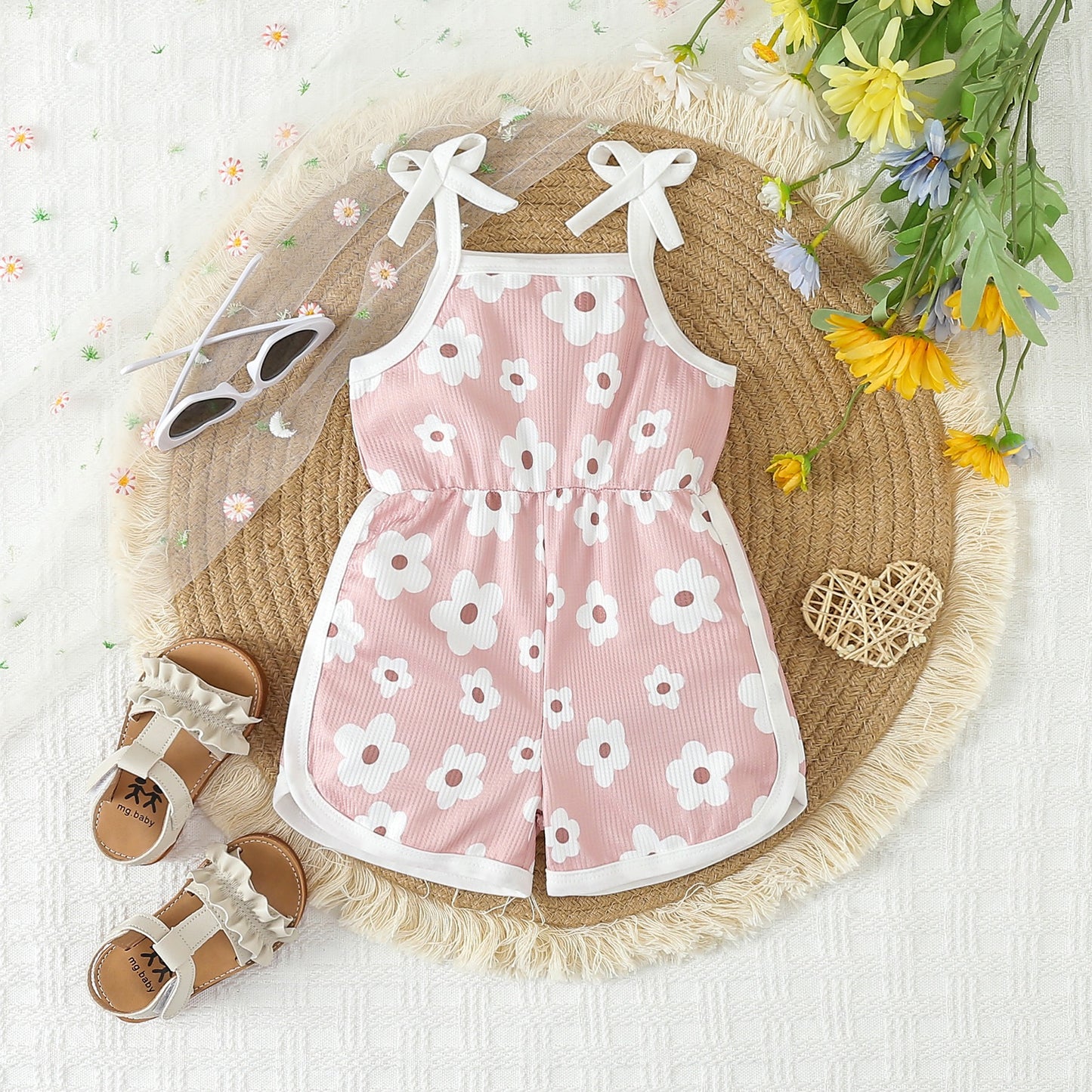 Baby Girls Pink White Flowers Milk Silk Shorts Jumpsuits preorder(moq 5)