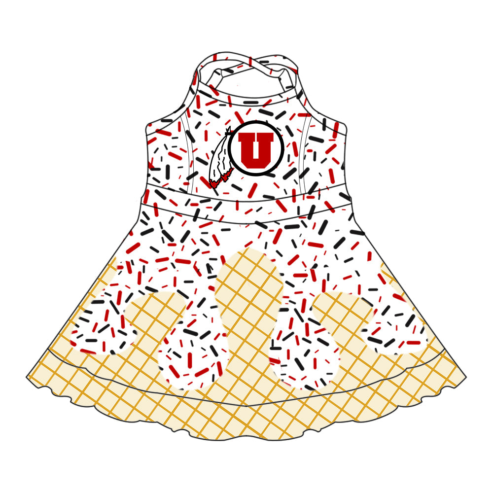 Preorder (moq 5)Baby Girls Drip Sprinkles Utah Utes Team Shorts Ruffle Knee Length Dress