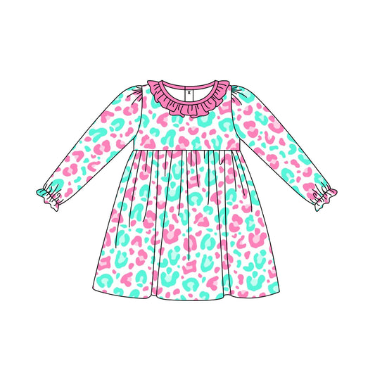 Baby Girls Pink Blue Leopard Knee Length Dresses Preorder(moq 5)