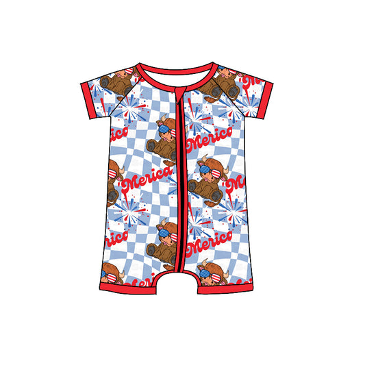 Baby Infant Boys 4th Of July Highland Cow Zip Rompers preorder(moq 5)