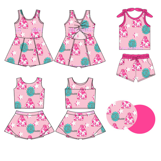 Preorder moq 5 Custom Baby Girls Pink Sleeveless Turquoise Stars Top Skort Set Knee Length Dress Pockets Short Set