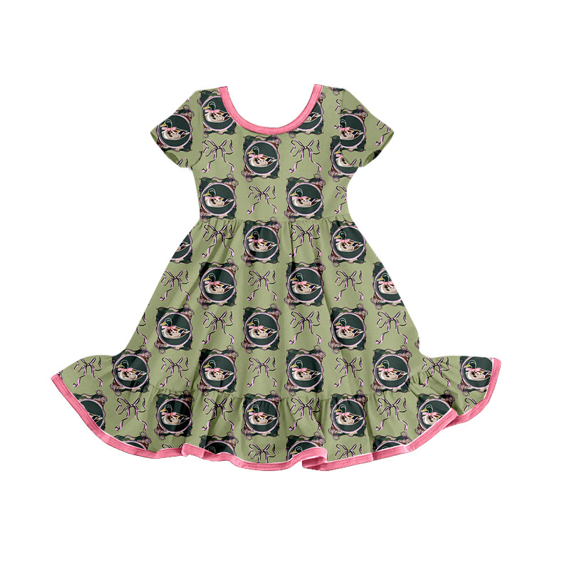 Preorder (moq 5)Baby Girls Bows Ducks Checked Western Ruffle Knee Length Dresses