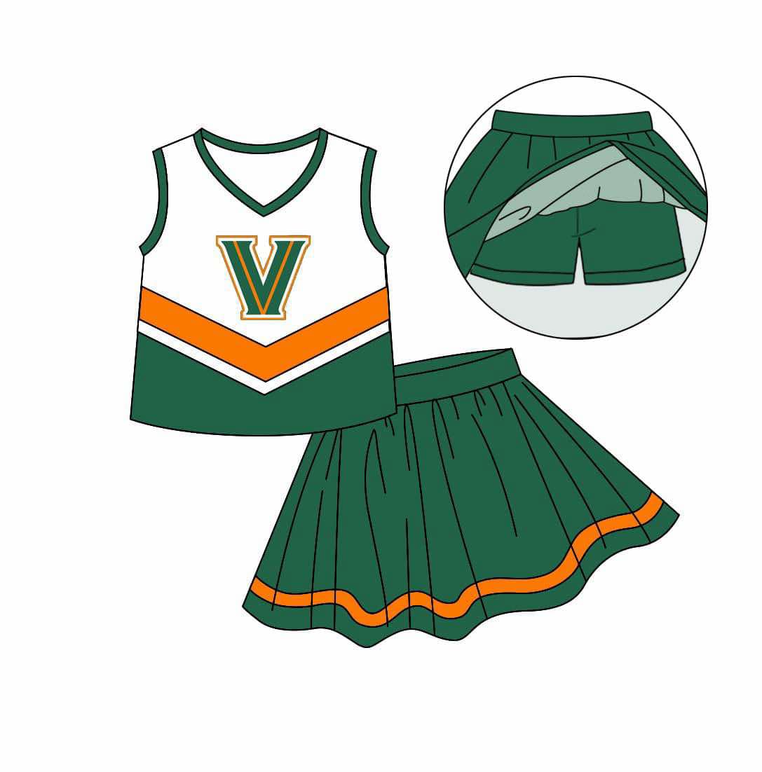 Preorder (moq 5)Baby Girls V Green Cheer Team Top Skort Shorts Clothes Sets