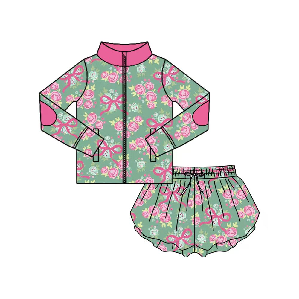Preorder (moq 5)Baby Girls Long Sleeve Green Pink Bows Zip Top Shorts Clothes Sets