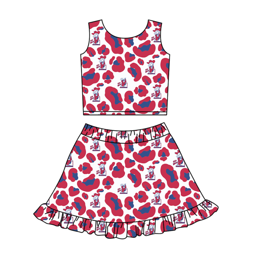 Preorder (moq 5)Baby Girls Red Leopard Vests Ruffle Skirt Shorts Team Clothes Set