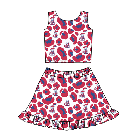 Preorder (moq 5)Baby Girls Red Leopard Vests Ruffle Skirt Shorts Team Clothes Set