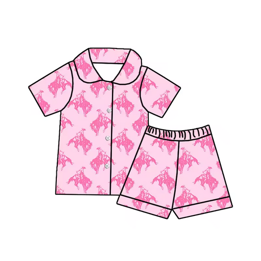 Baby Girls Western Rodeo Buttons Shirt Shorts Pajamas Clothing Sets Preorder(moq 5)