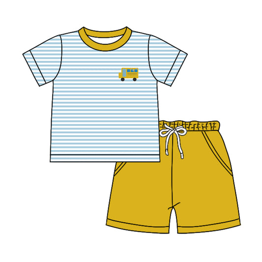 Preorder (moq 5)Baby Boys Stripes Bus Back To School Shirts Pockets Shorts Clothes Sets