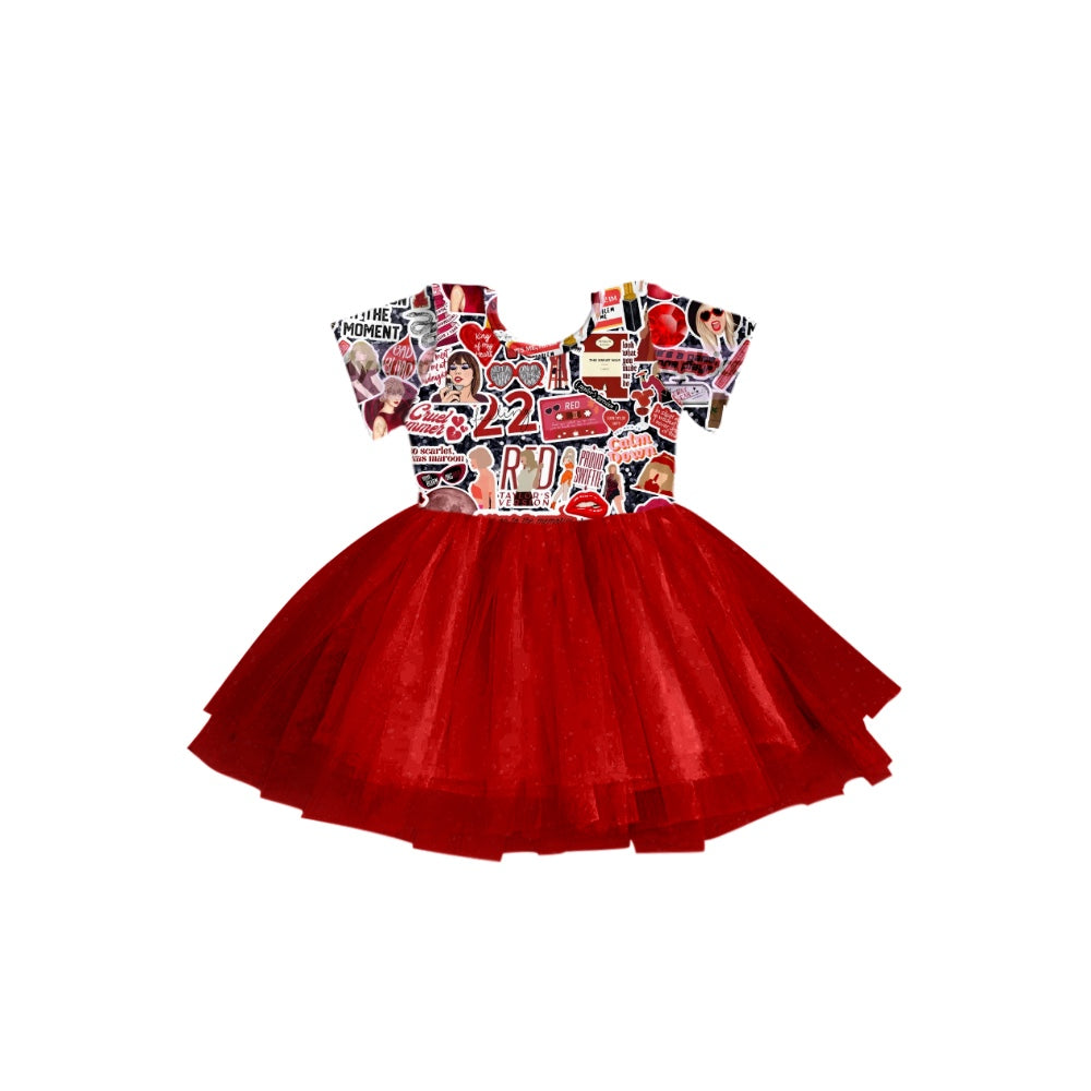 Baby Girls Red Singer Summer Short Sleeve Tutu Knee Length Dresses Preorder(moq 5)