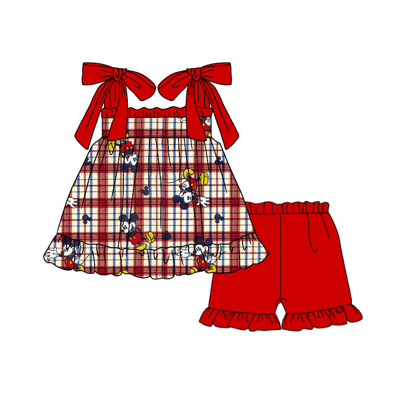 Baby Girls Red Checkered Cartoon Mouse Straps Tunic Ruffle Shorts Clothes Sets preorder (moq 5)