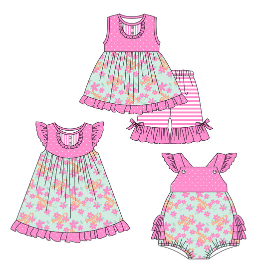 Preorder moq 5 Custom Baby Girls Pink Sleeveless Floral Button Tunic Ruffle Short Set Knee Length Dress And Rompers