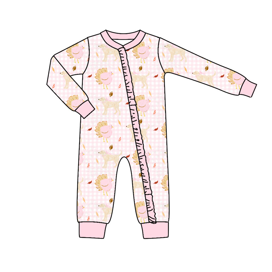 Preorder (moq 5)Baby Girls Dogs Footballs Fall Two Way Ruffle Zip Convertible Rompers