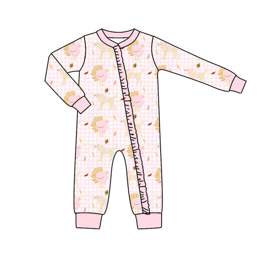 Preorder (moq 5)Baby Girls Dogs Footballs Fall Two Way Ruffle Zip Convertible Rompers