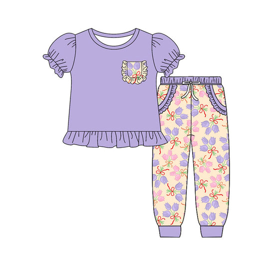 Preorder(moq 8)Baby Girls Purple Ruffle Top Bows Flowers Pockets Pants Clothes Sets