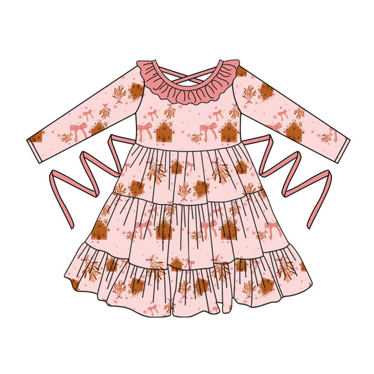 Preorder moq 5 Baby Girls Pink Long Sleeves Bows Houses With Belt Ruffle Knee Length Dresses