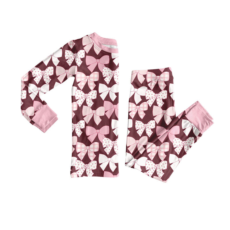 Preorder (moq 20)Baby Girls Bamboo Hot Pink Checked Bows Valentine Pajamas Sets