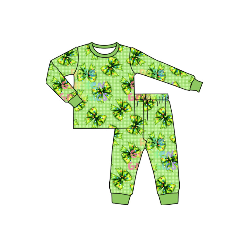 Preorder (moq 5)Baby Boys Long Sleeves Green Bows Plaid Top Pants Pajamas Set