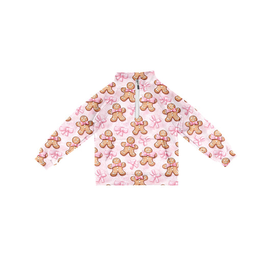 Preorder (moq 5)Baby Girls Long Sleeves Pink Bows Gingerbread Pocket Zipper Pullovers Top