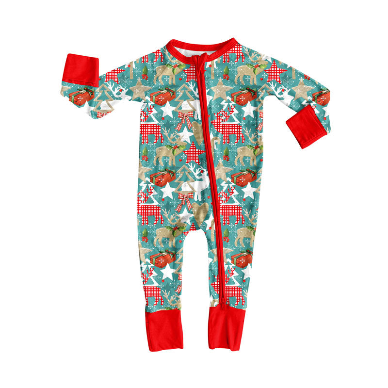 Preorder (moq 20)Baby Girls Bamboo Deer Stars Trees Christmas Zippy Footie Rompers