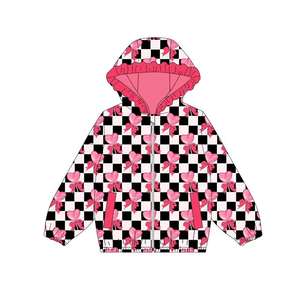 Preorder (moq 5)Baby Girls Black Checked Bows Hearts Pockets Zipper Ruffle Hoodies Jackets Top