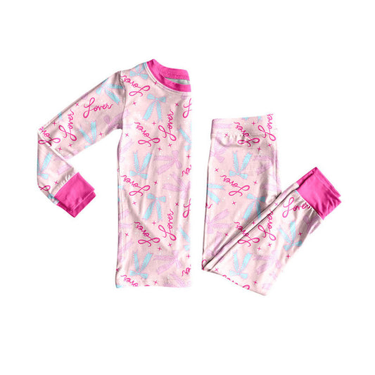 Preorder (moq 5)Baby Girls Pink Long Sleeve Love Bows Top Pants Valentine Pajamas Sets