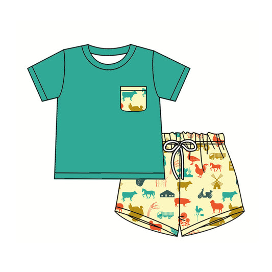 Preorder (moq 5)Baby Boys Aqua Pocket Shirt House Chicks Shorts Farm Clothes Sets