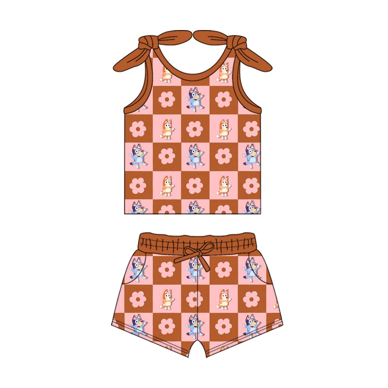 Preorder (moq 5)Baby Girls Red Flowers Dogs Shirt Top Shorts Clothes Sets