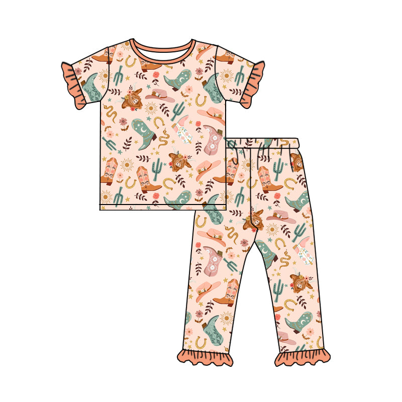 Preorder (moq 5)Baby Girls Peach Short Ruffle Sleeves Highland Cows Cactus Top Pant Pajamas Set