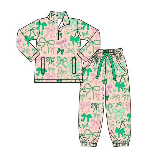 Preorder(moq 8)Baby Girls Green Pink Bows Clovers Zipper Pockets Pullovers Jogger St Patrick Clothes Set