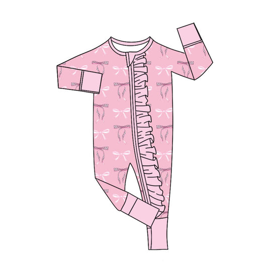 Preorder (moq 20)Baby Girls Bamboo Pink Bows Ruffle Zippy Footie Rompers