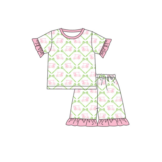 Preorder (moq 5)Baby Girls Short Ruffle Sleeves Pink Golf Trucks Top Short Pajamas Set Preorder