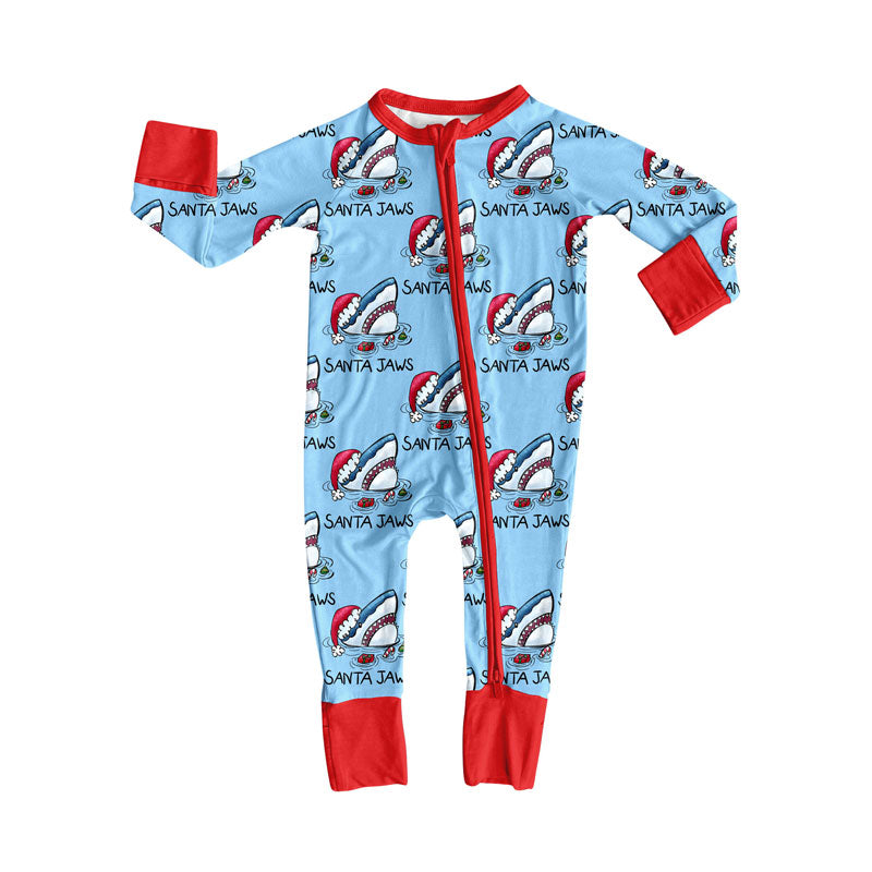 Preorder (moq 8)Baby Boys Hats Santa Jaws Christmas Zipper Footie Rompers