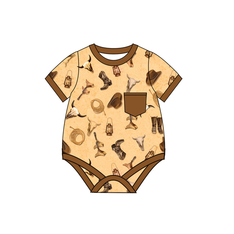 Preorder(moq 5)Baby Infant Boys Khaki Boots Bull Skull Pocket Summer Rompers