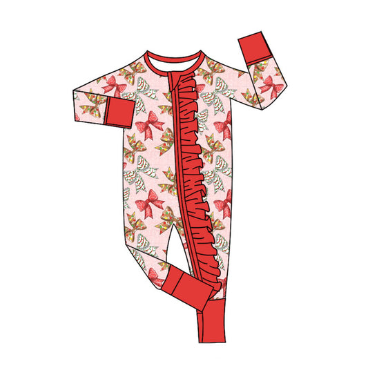 Preorder (moq 20)Baby Girls Bamboo Christmas Trees Polka Dots Bows Ruffle Zippy Footie Rompers