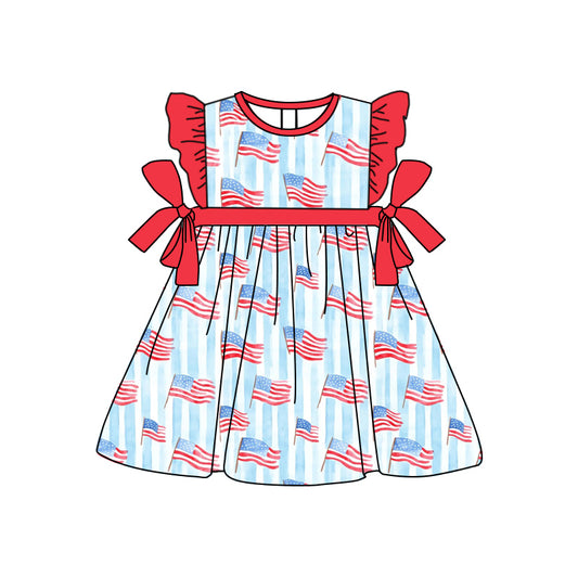 Preorder moq 5 Baby Girls Red Flutter Sleeves Flags Bows 4th Of July Knee Length Dress