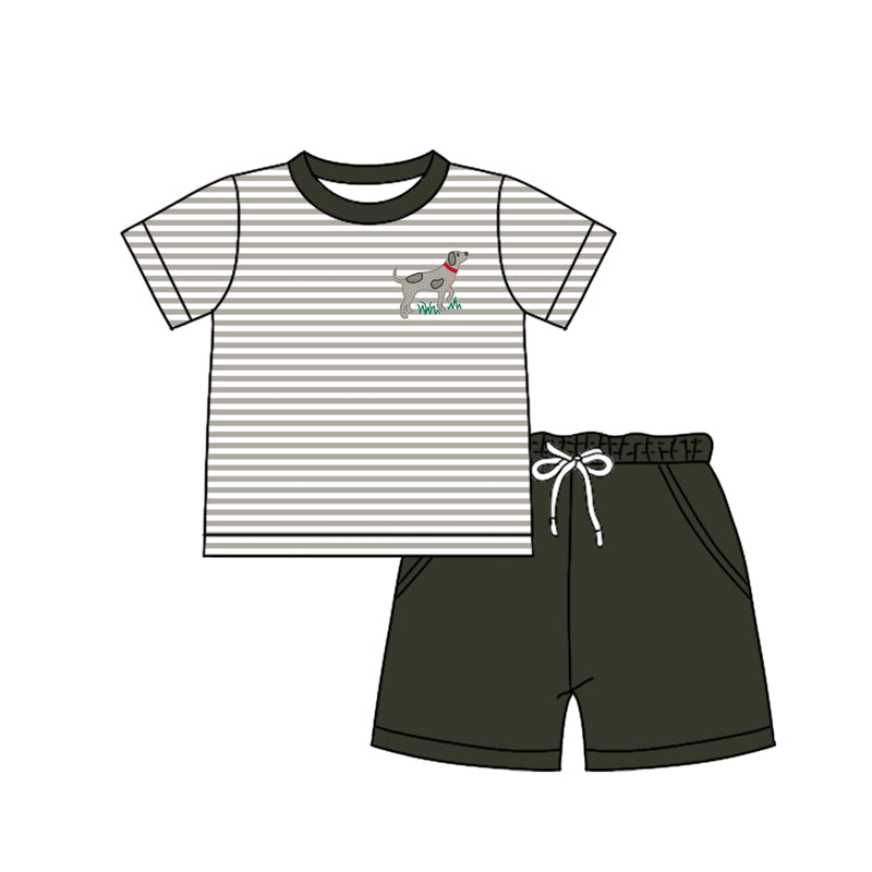 Preorder (moq 5)Baby Boys Short Sleeves Stripe Dog Top Pockets Black Short Set