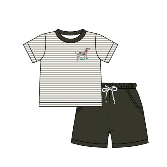 Preorder (moq 5)Baby Boys Short Sleeves Stripe Dog Top Pockets Black Short Set