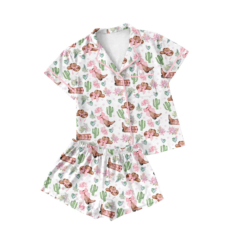 Preorder(moq 5)Adult Women Western Boots Cactus Buttons Tee Shirts Shorts Pajamas Sets