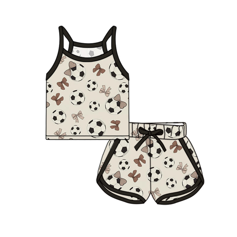 Preorder (moq 5)Baby Girls Black Strap Bows Footballs Top Shorts Sport Clothes Sets