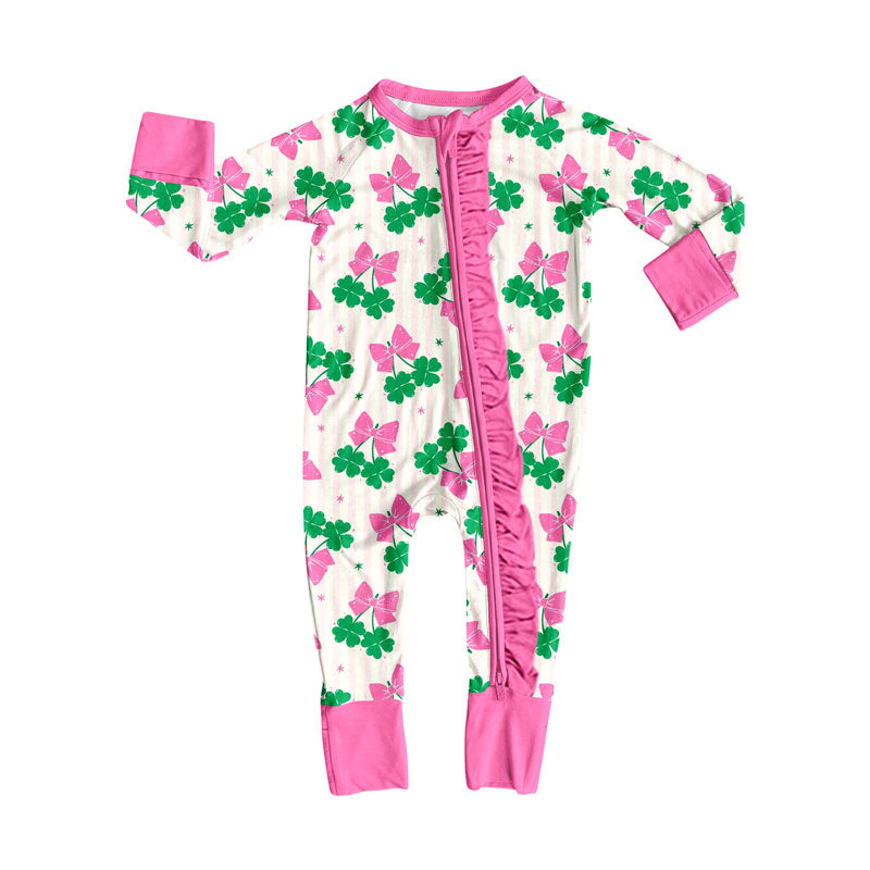 Preorder (moq 5)Baby Girls Clovers Butterfly St Patrick Ruffle Zipper Footie Rompers
