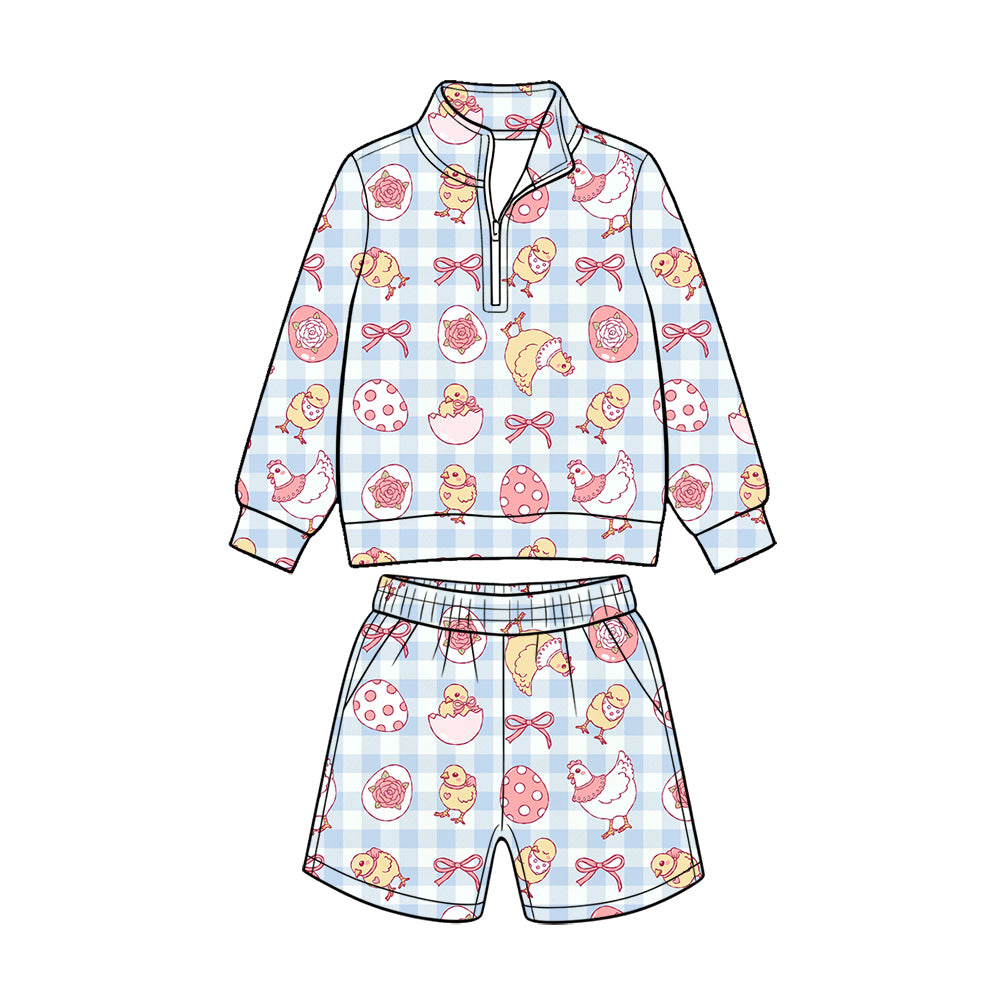 Preorder (moq 5) Baby Boy Clothes Easter Chick Egg Gingham Print Long Sleeve Quarter Zip Top Short Set