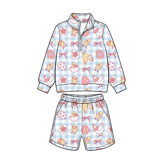 Preorder (moq 5) Baby Boy Clothes Easter Chick Egg Gingham Print Long Sleeve Quarter Zip Top Short Set