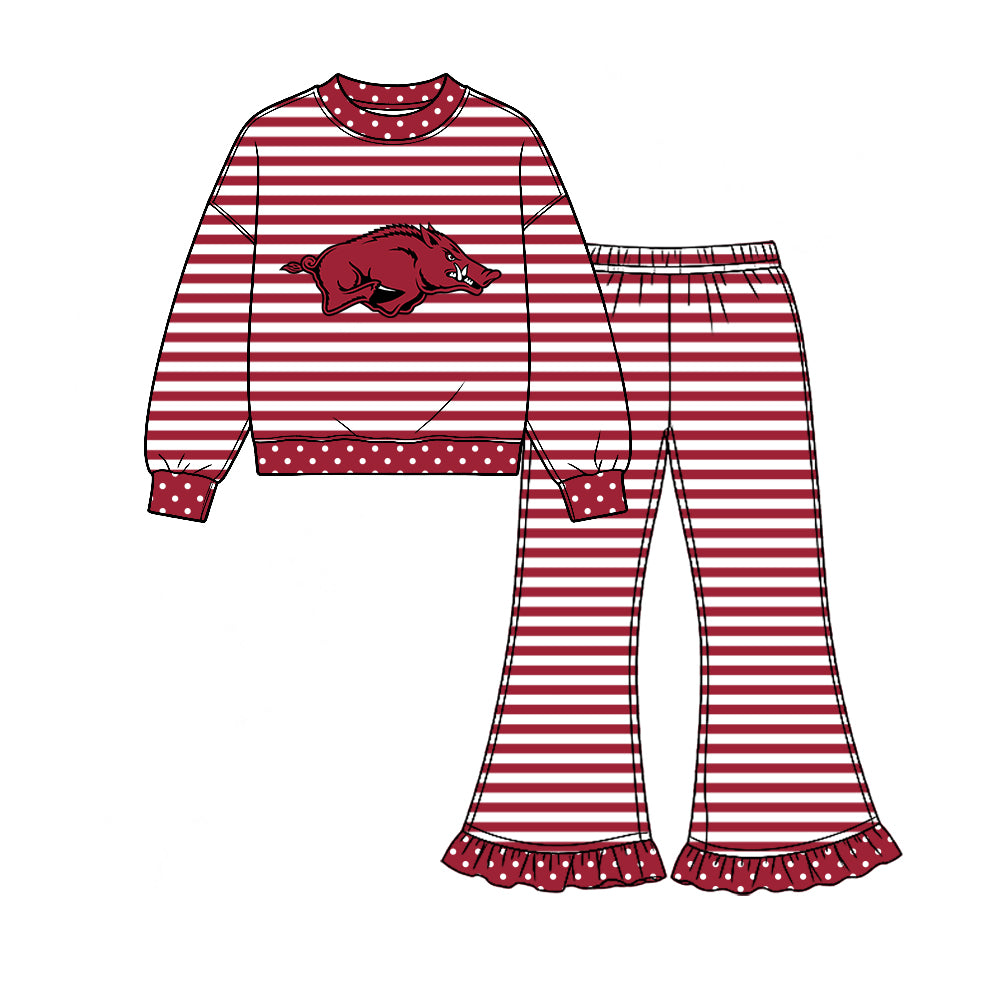 Preorder (moq 5) Baby Girl Clothes Arkansas Razorbacks Boar Striped Print Long Sleeve Top Ruffle Flare Pant Outfit Set